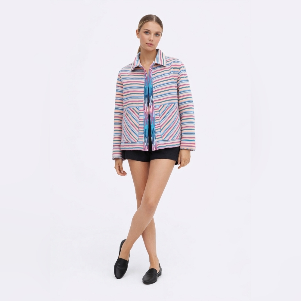 Zara Pastel Striped Jacket with Multicolor Fringe